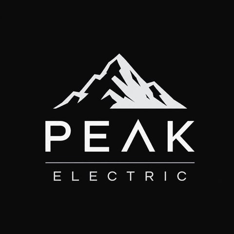 Peak Electric logo featuring a stylized mountain peak icon above white text on black background
